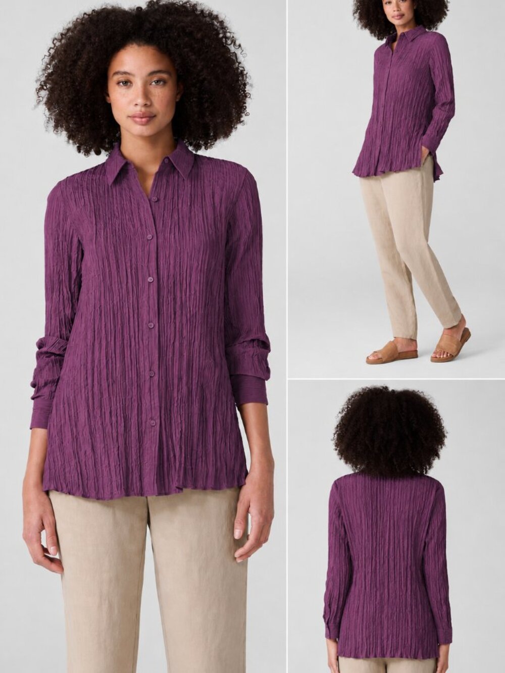 NWT Eileen Fisher Crushed Silk Classic Collar Shirt S Blackberry Purple